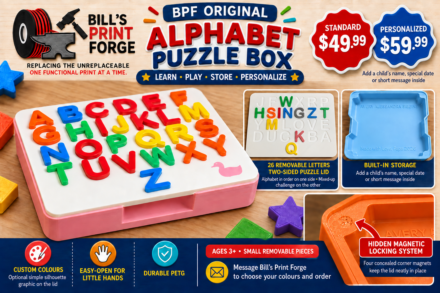 BPF Original Alphabet Puzzle Box with removable letters, storage, and personalized options